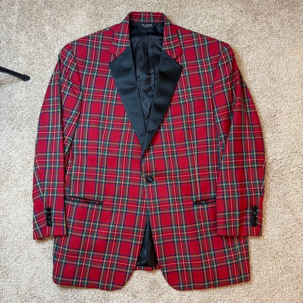 Jos. A. Bank Dinner Jacket Men 42S Red Plaid Wool Tuxedo Blazer Satin Peak Lapel